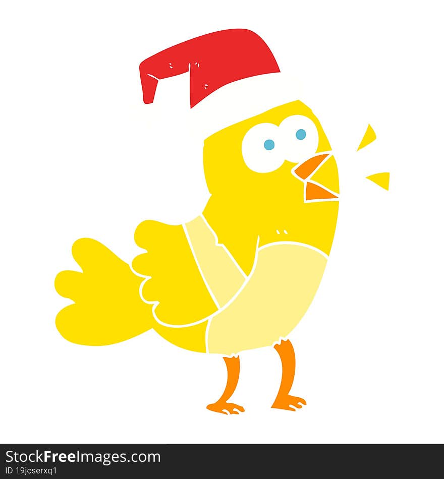 flat color illustration of a cartoon bird wearing christmas hat