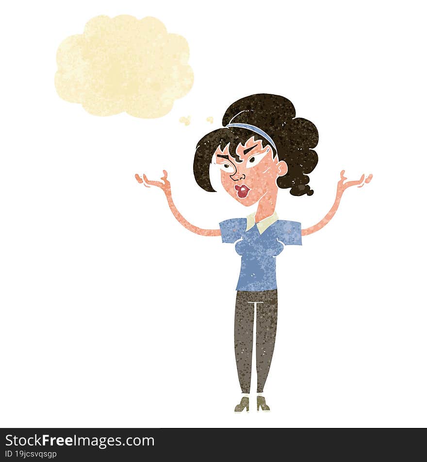 cartoon woman raising hands in air with thought bubble