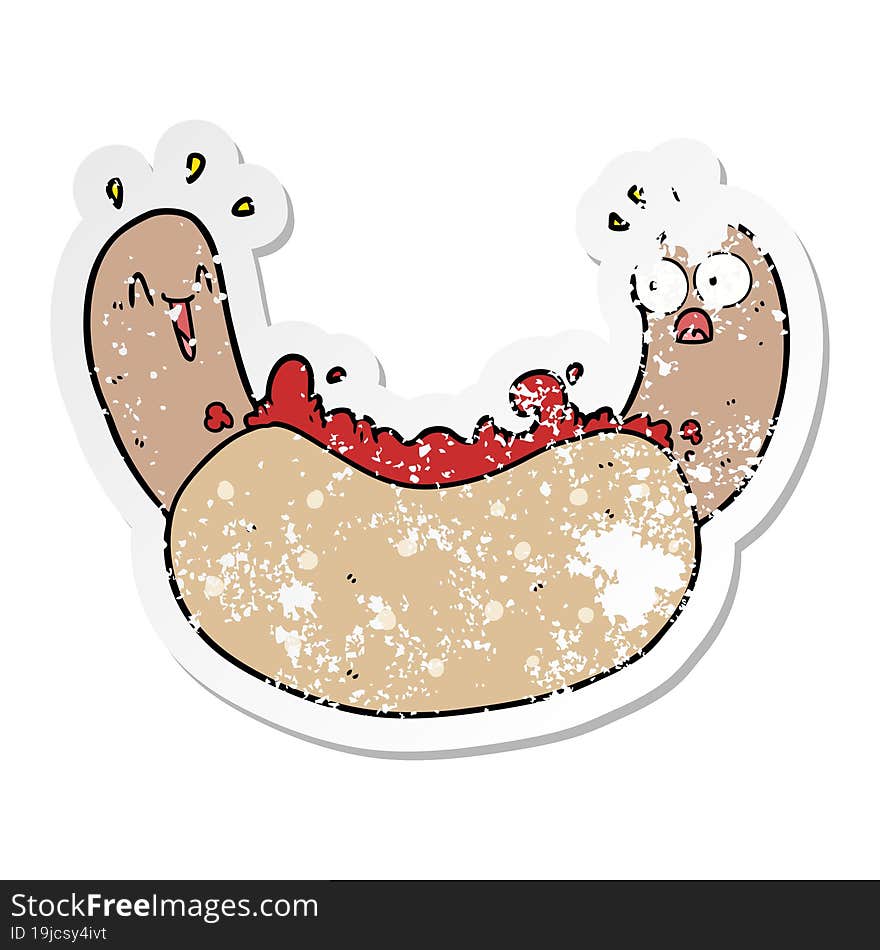 distressed sticker of a cartoon hotdog