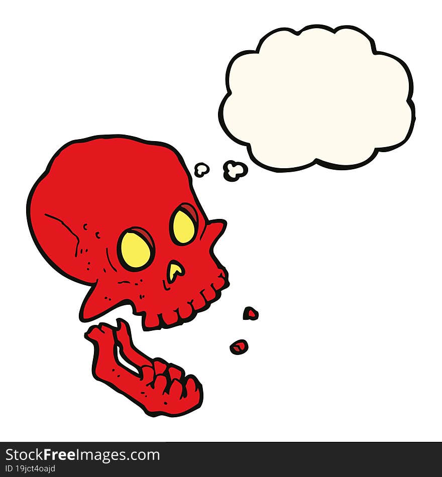 cartoon laughing skull with thought bubble