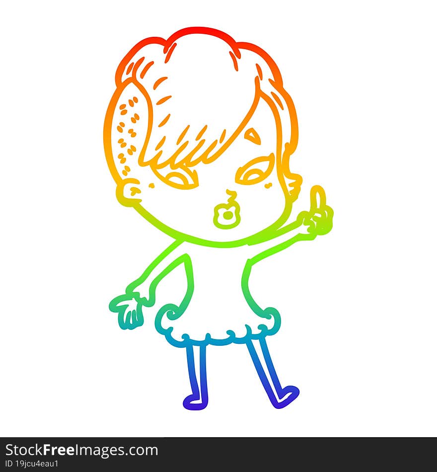 rainbow gradient line drawing cartoon surprised girl pointing