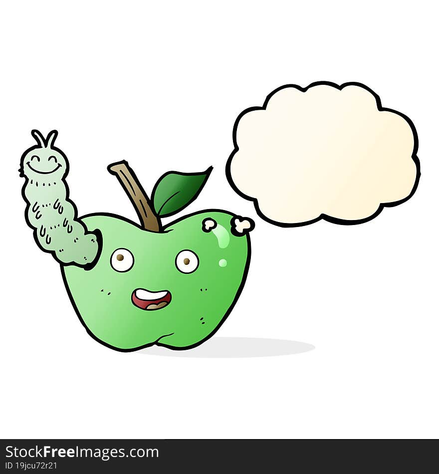 cartoon apple with bug with thought bubble