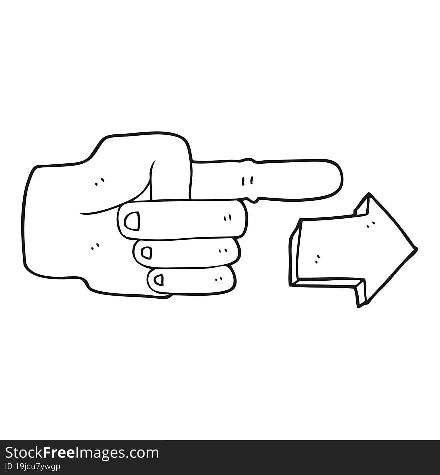 freehand drawn black and white cartoon pointing hand with arrow