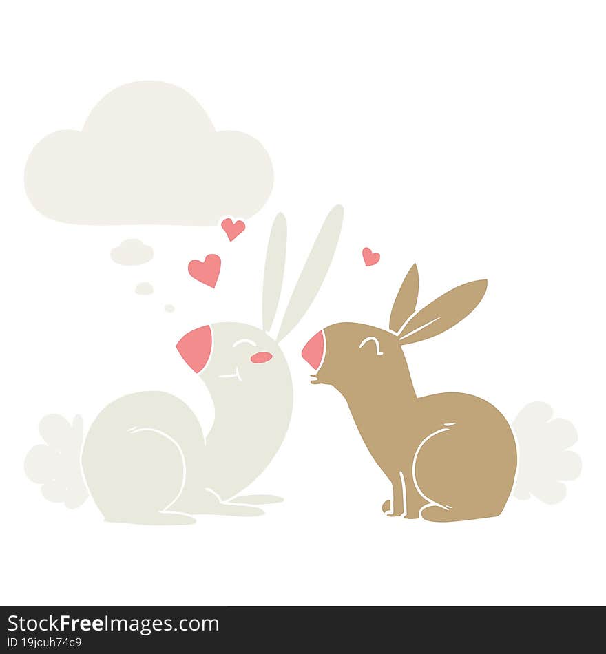 cartoon rabbits in love with thought bubble in retro style