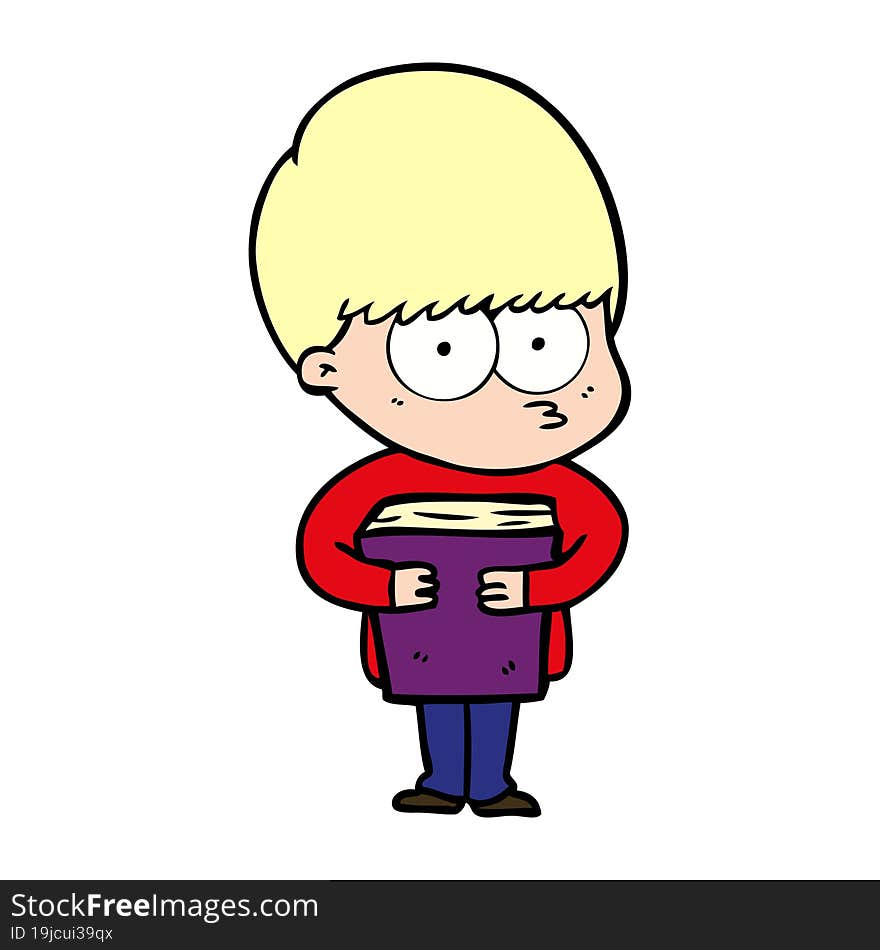 nervous cartoon boy holding book. nervous cartoon boy holding book