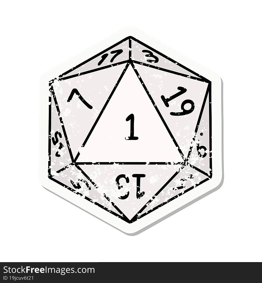 grunge sticker of a natural 1 D20 dice roll. grunge sticker of a natural 1 D20 dice roll