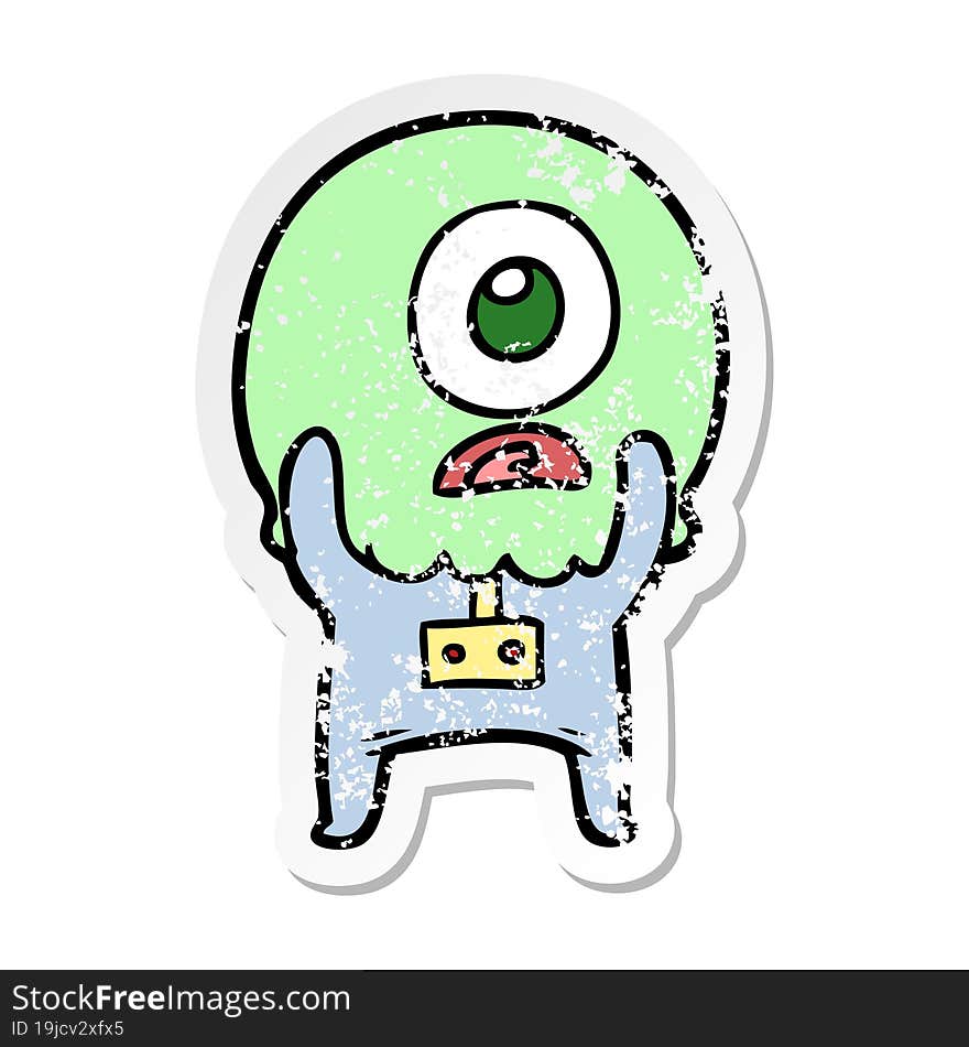 distressed sticker of a cartoon cyclops alien spaceman