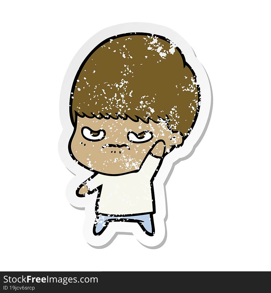 Distressed Sticker Of A Annoyed Cartoon Boy