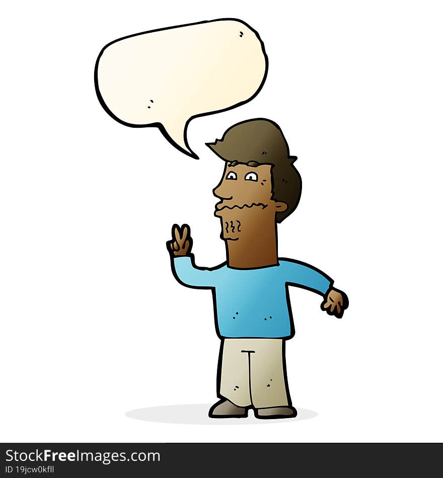 Cartoon Man Giving Peace Sign With Speech Bubble