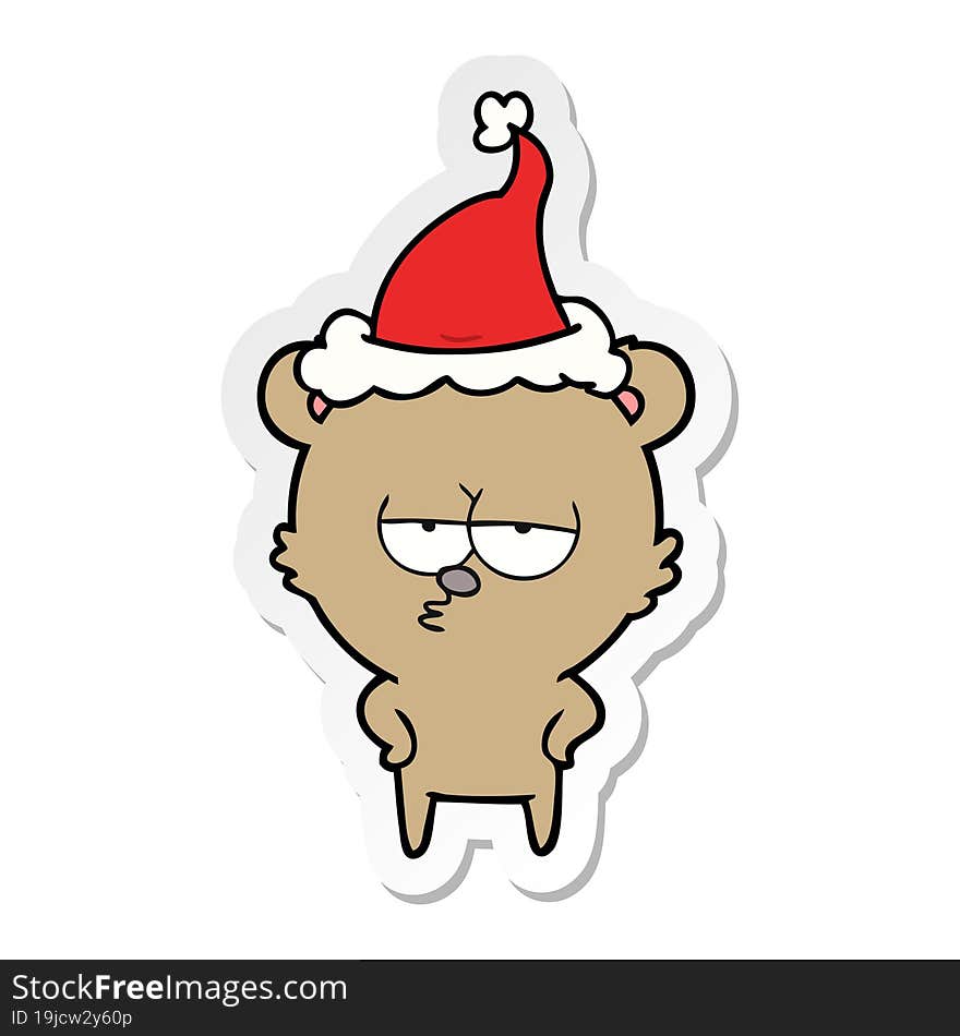 bored bear sticker cartoon of a wearing santa hat