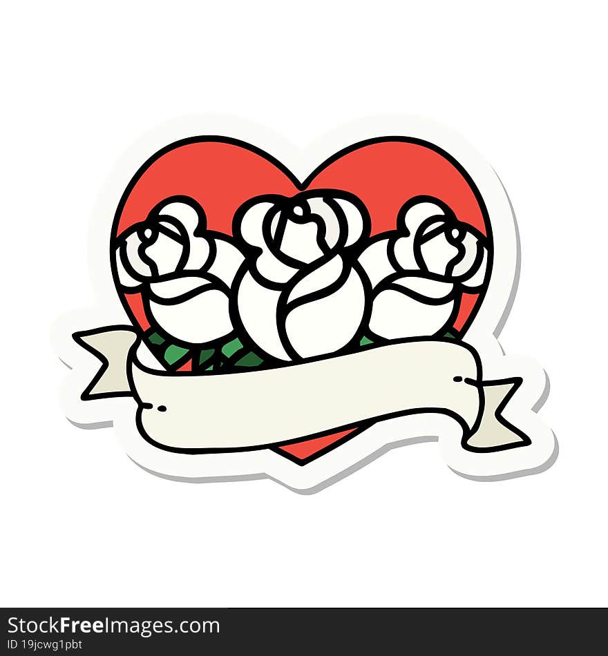 Tattoo Style Sticker Of A Heart And Banner With Flowers