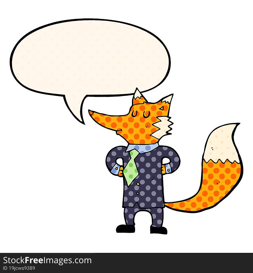 cartoon fox businessman and speech bubble in comic book style