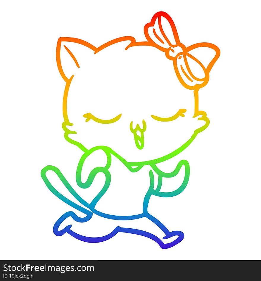 rainbow gradient line drawing cartoon cat with bow on head