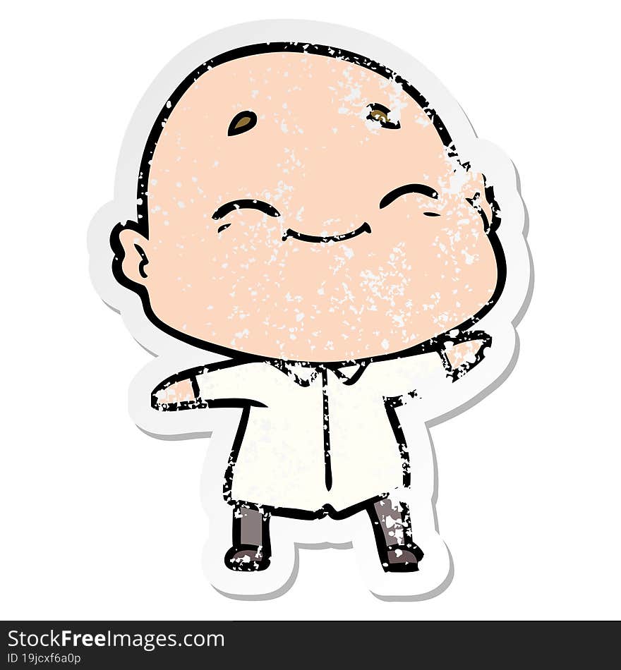 distressed sticker of a happy cartoon bald man