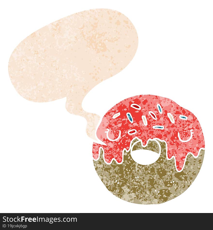 cartoon donut and speech bubble in retro textured style