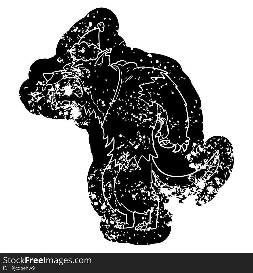 angry werewolf cartoon distressed icon of a wearing santa hat