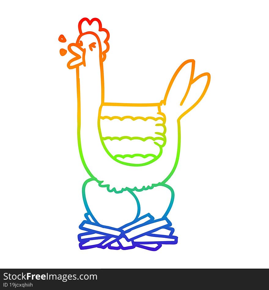 Rainbow Gradient Line Drawing Cartoon Hen Sitting On Nest