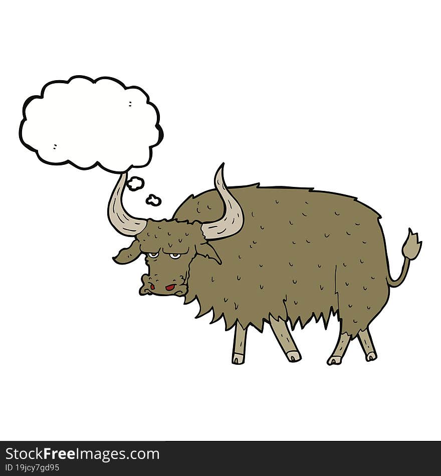 cartoon annoyed hairy cow with thought bubble