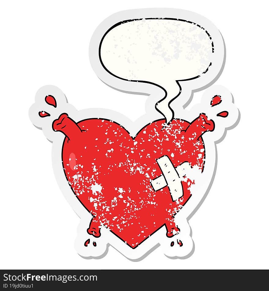 cartoon heart squirting blood with speech bubble distressed distressed old sticker. cartoon heart squirting blood with speech bubble distressed distressed old sticker