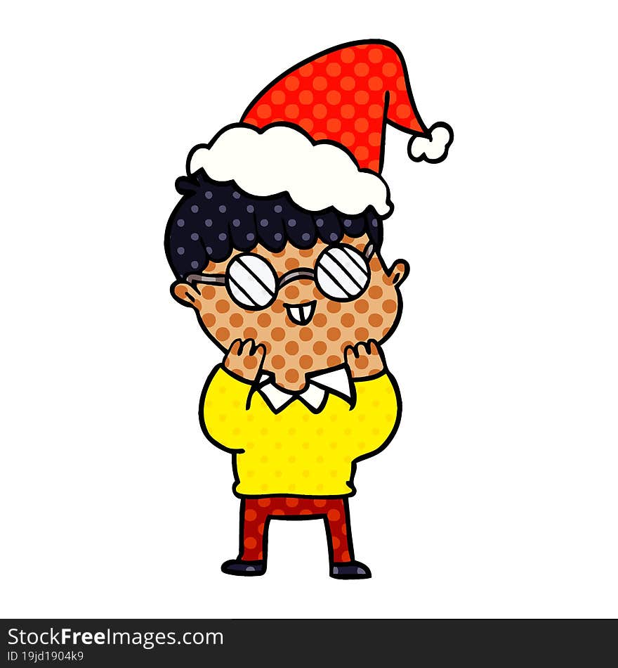 Comic Book Style Illustration Of A Boy Wearing Spectacles Wearing Santa Hat