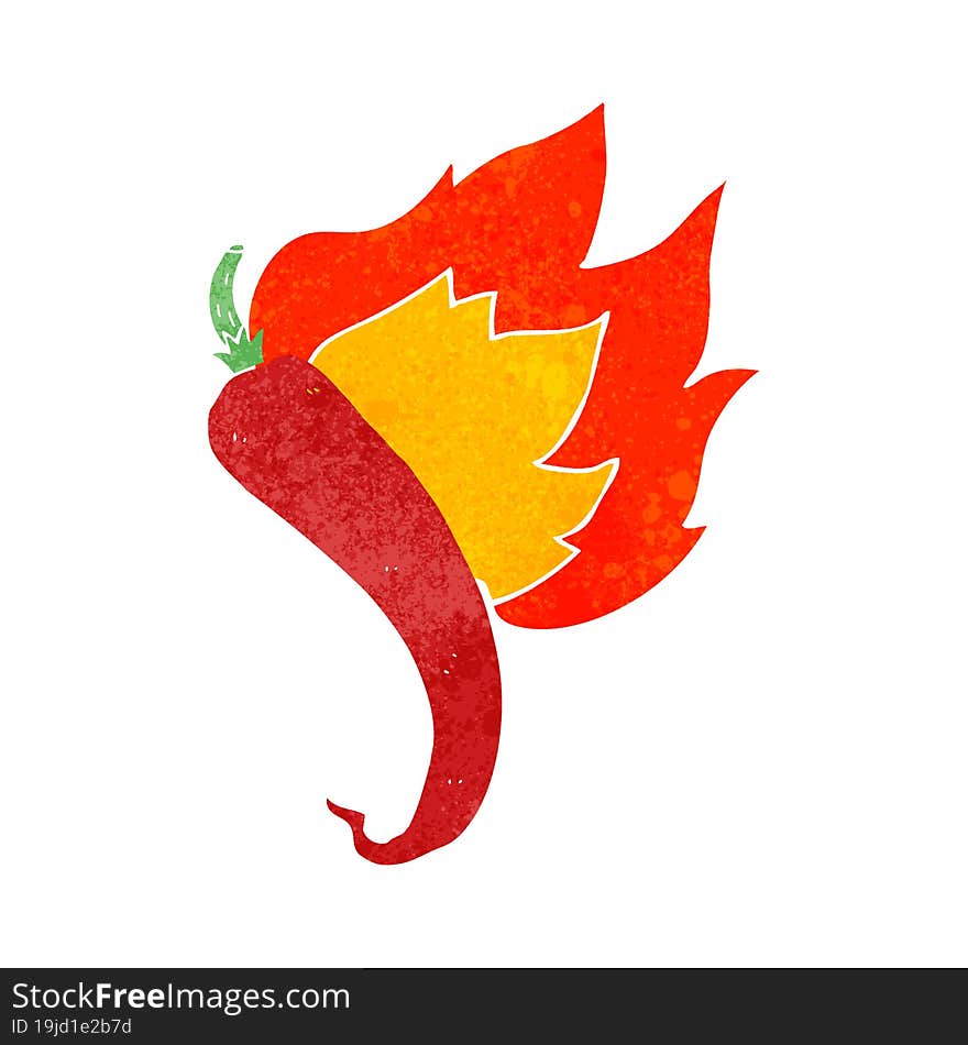 freehand drawn retro cartoon flaming hot chilli pepper