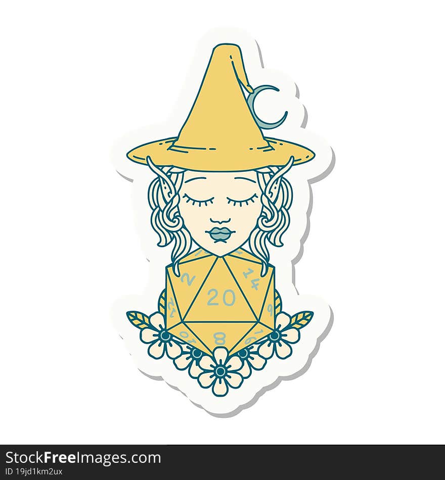 Elf Mage Character With Natural Twenty Dice Roll Sticker