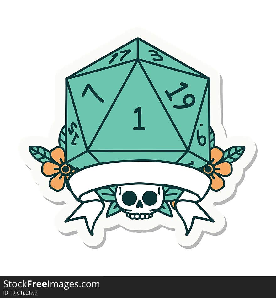 sticker of a natural one d20 dice roll. sticker of a natural one d20 dice roll