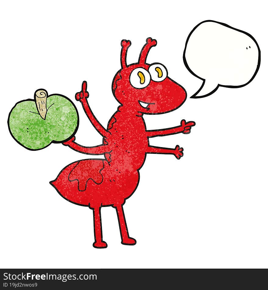 speech bubble textured cartoon ant with apple