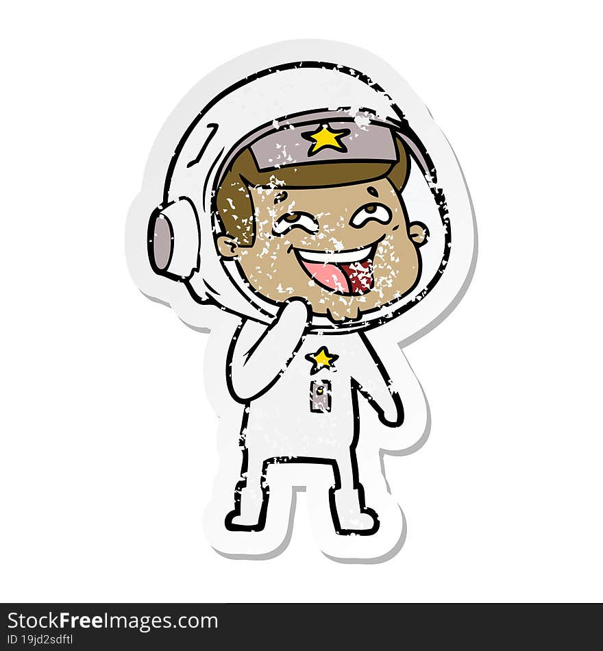 distressed sticker of a cartoon laughing astronaut