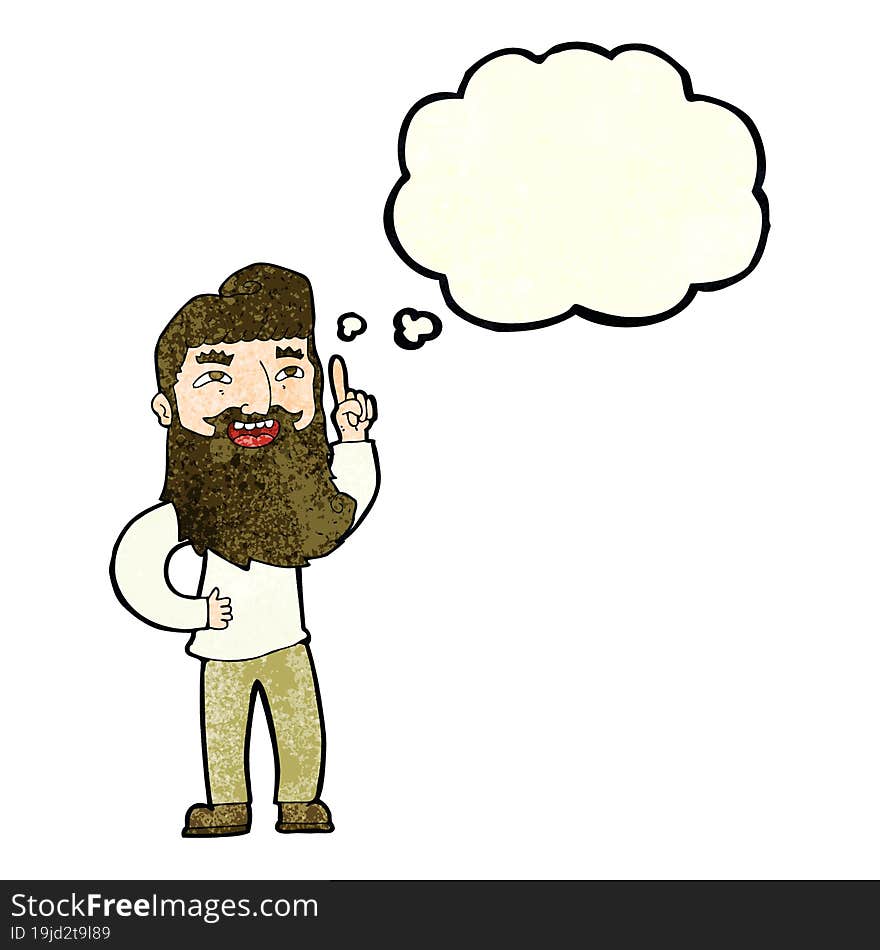 cartoon happy bearded man with idea with thought bubble