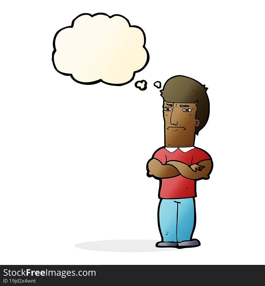 cartoon annoyed man with folded arms with thought bubble