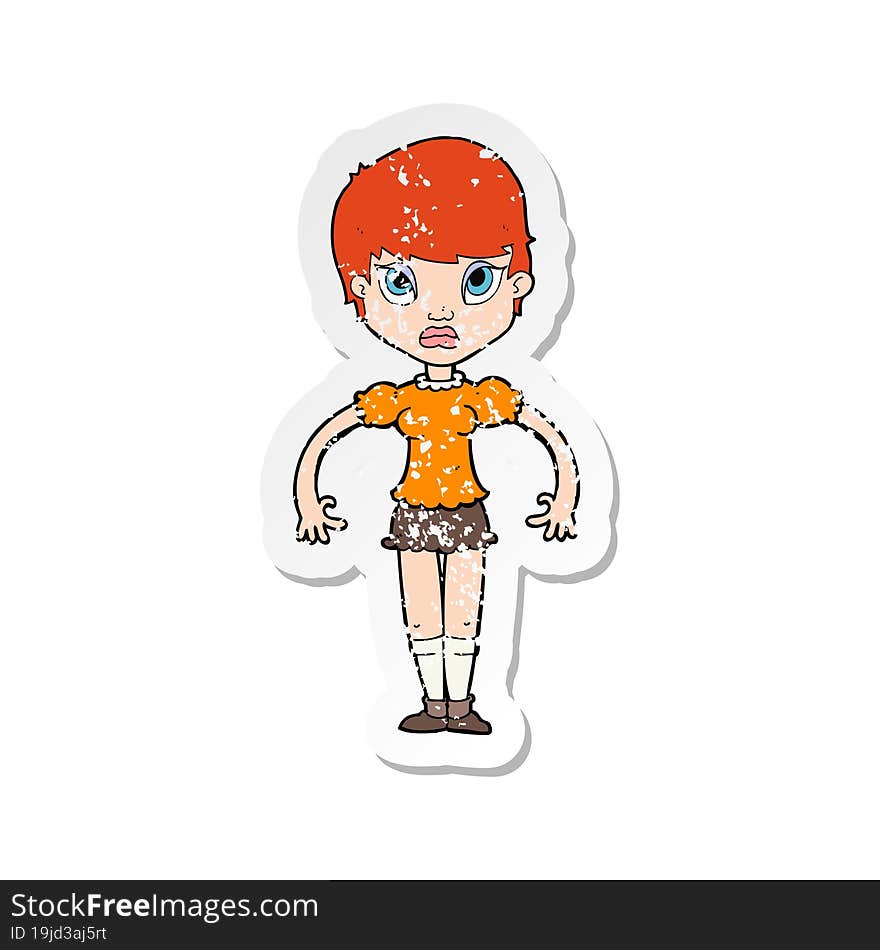 Retro Distressed Sticker Of A Cartoon Woman Looking Annoyed