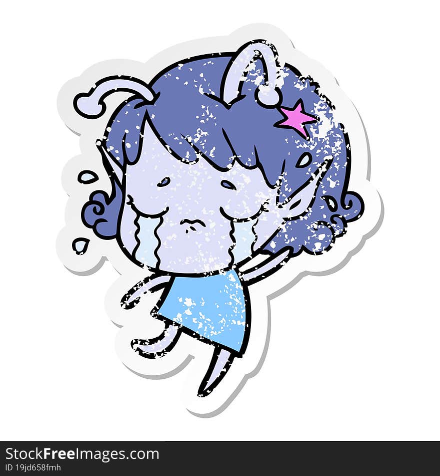 distressed sticker of a cartoon crying alien girl