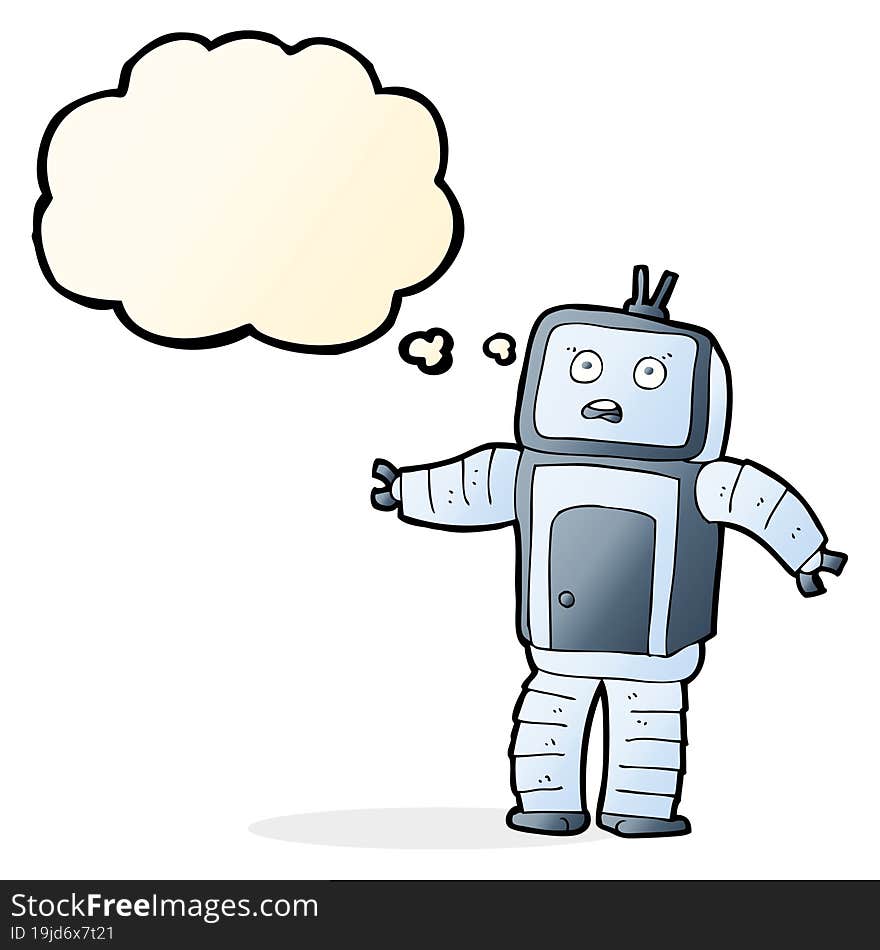 cartoon funny robot with thought bubble