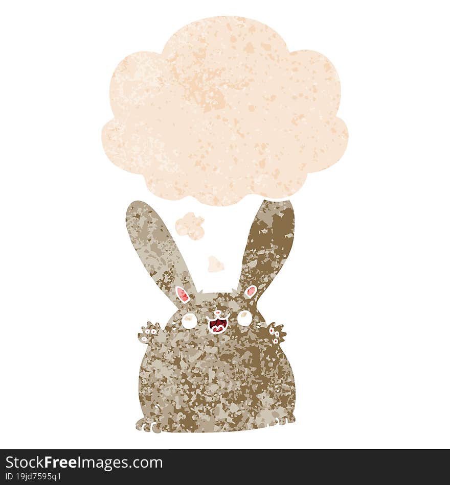 cartoon rabbit and thought bubble in retro textured style