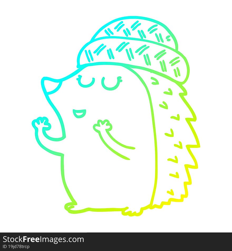 Cold Gradient Line Drawing Cartoon Hedgehog Wearing Hat