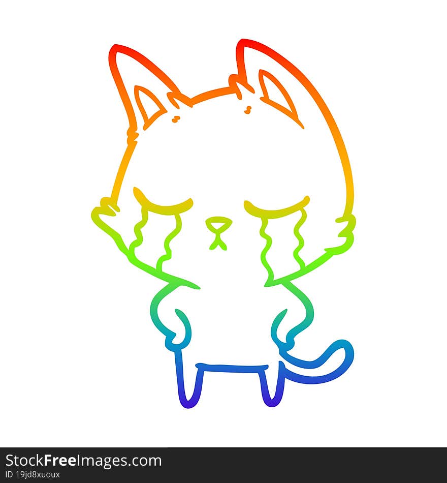 rainbow gradient line drawing of a crying cartoon cat