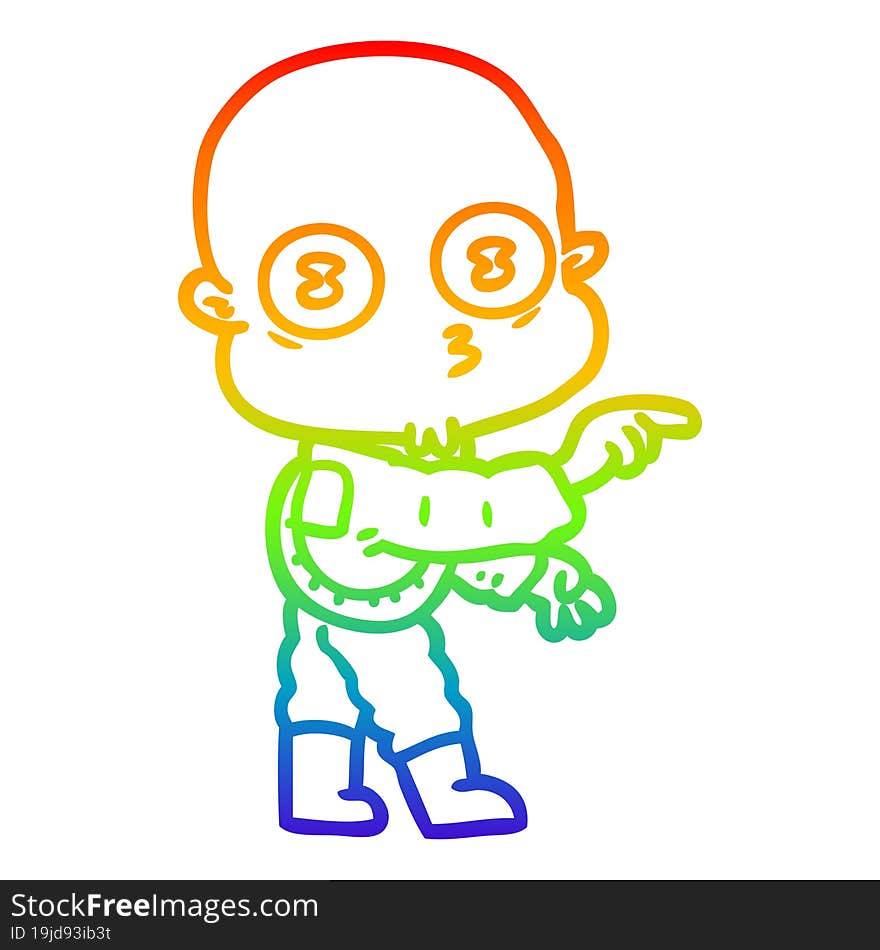 Rainbow Gradient Line Drawing Cartoon Weird Bald Spaceman Pointing