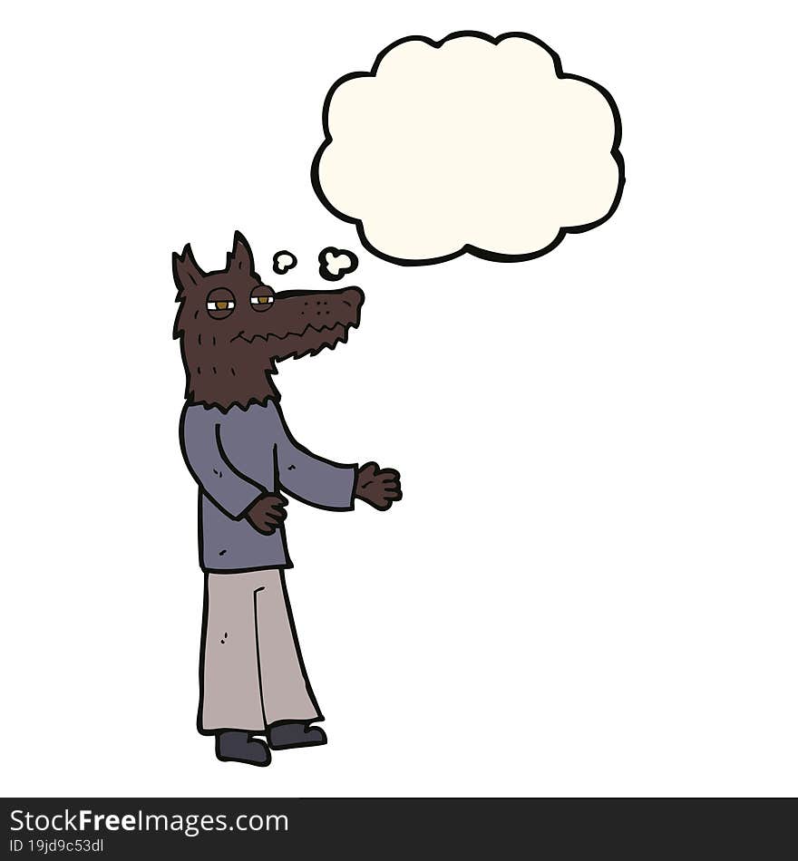 cartoon wolf man with thought bubble