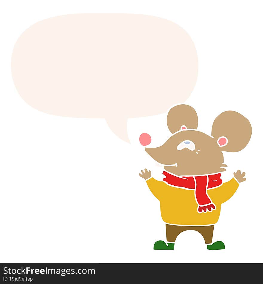 cartoon mouse wearing scarf and speech bubble in retro style