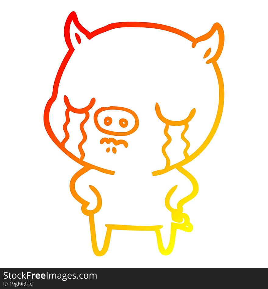 Warm Gradient Line Drawing Cartoon Pig Crying With Hands On Hips