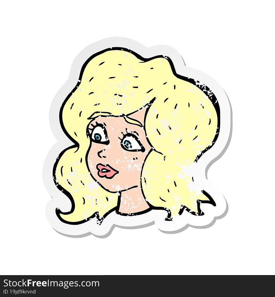 retro distressed sticker of a cartoon woman looking concerned