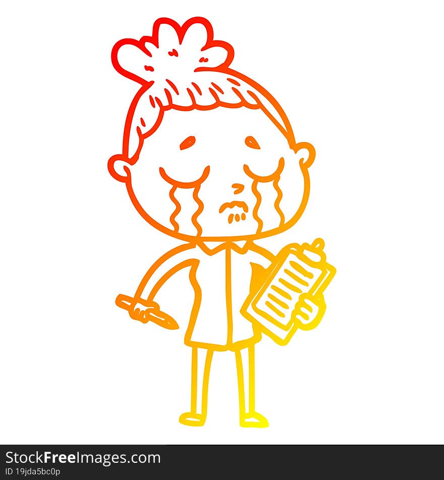 warm gradient line drawing of a cartoon crying saleswoman