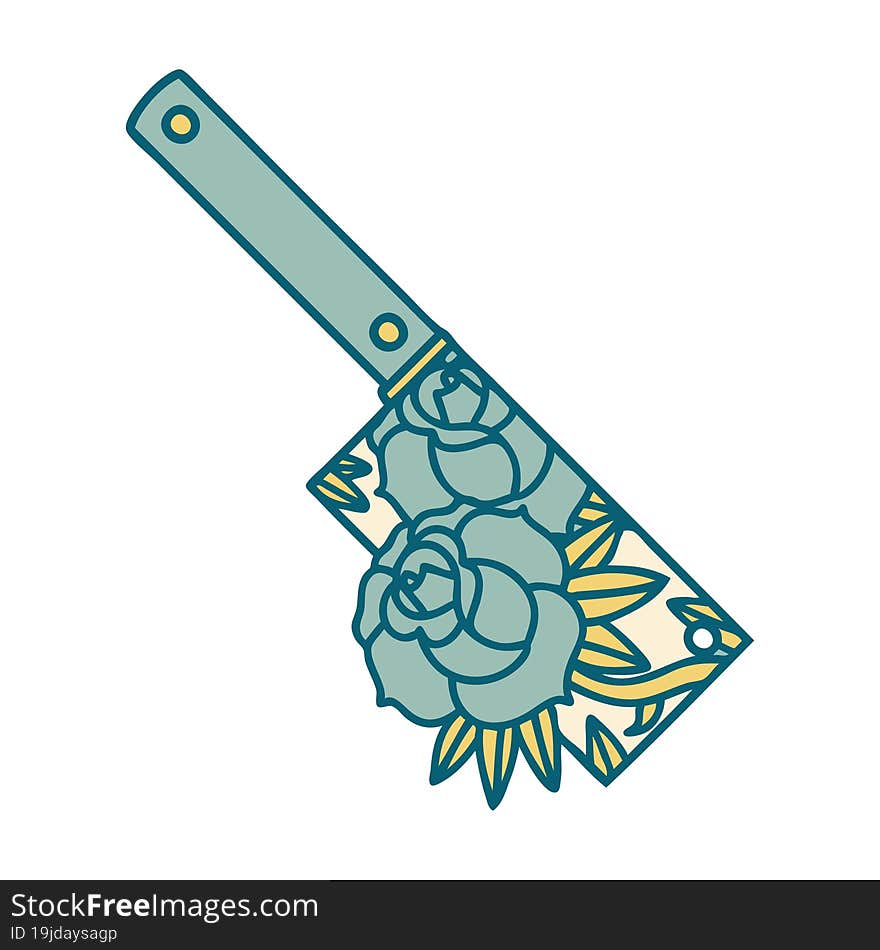 tattoo style icon of a cleaver and flowers