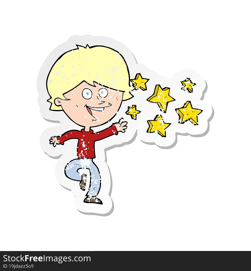 Retro Distressed Sticker Of A Cartoon Excited Boy