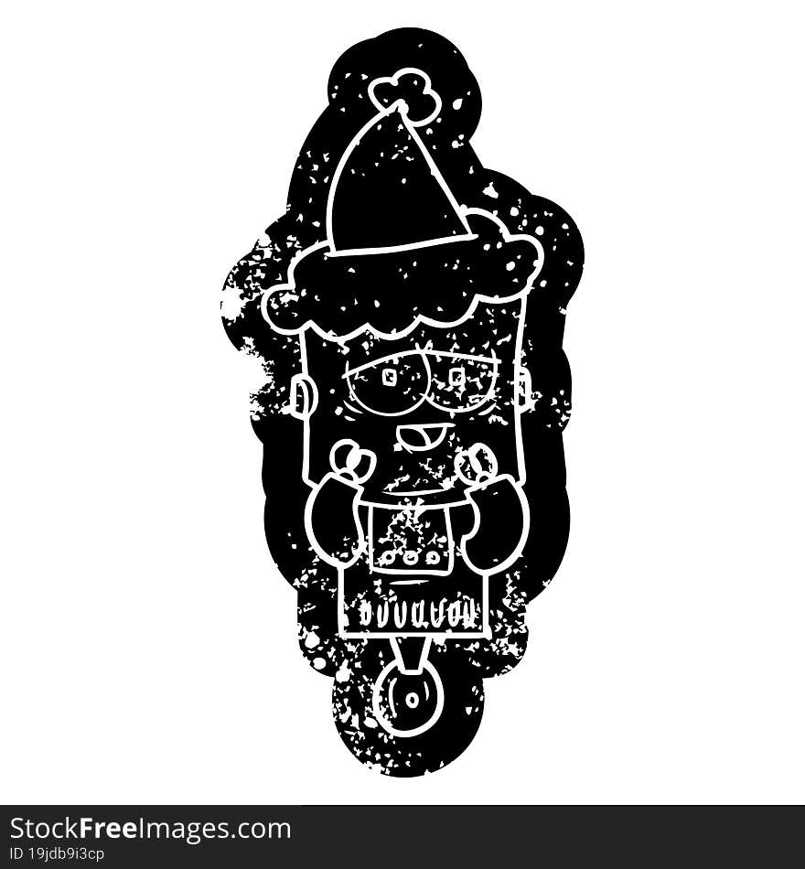 cartoon distressed icon of a robot wearing santa hat