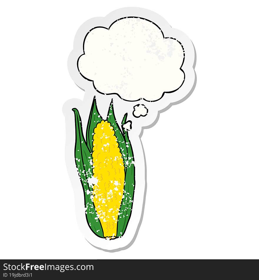 cartoon corn with thought bubble as a distressed worn sticker