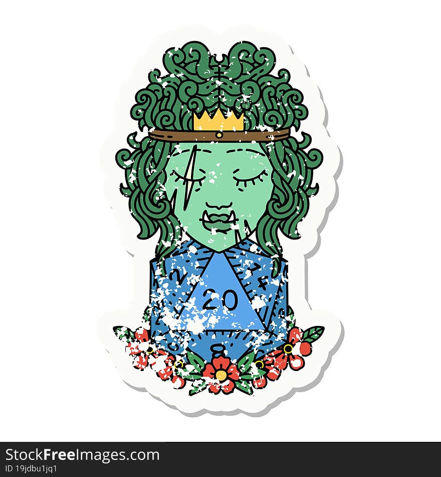 grunge sticker of a half orc barbarian with natural twenty dice roll. grunge sticker of a half orc barbarian with natural twenty dice roll