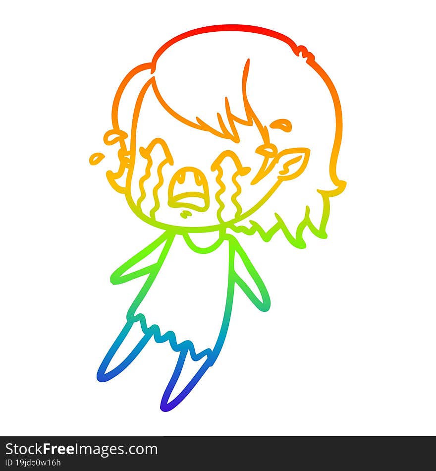 rainbow gradient line drawing cartoon crying vampire girl