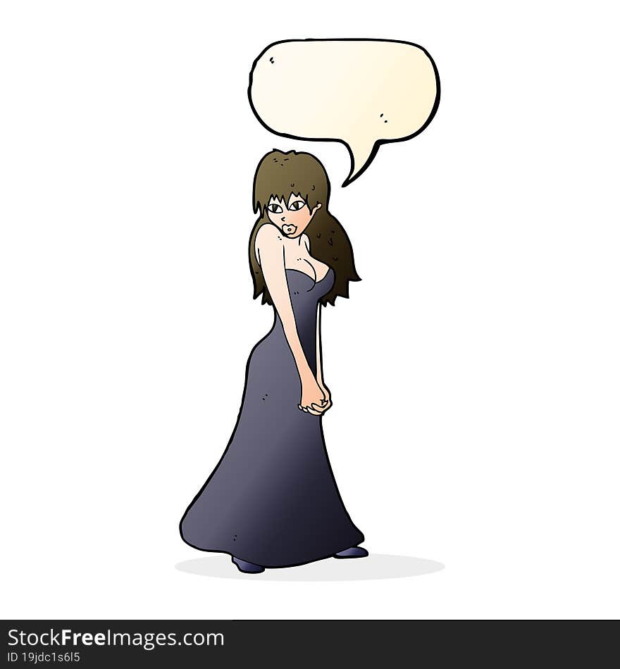 cartoon pretty woman in dress with speech bubble